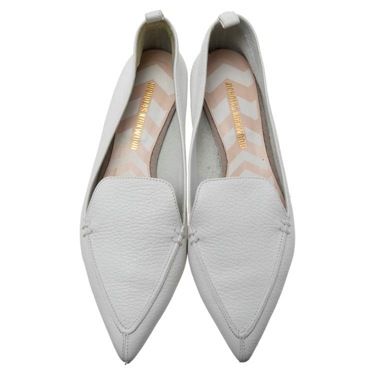 Pre Owned Nicholas Kirkwood White Leather Beya Pointed Toe Ballet Flats Size 37.5 