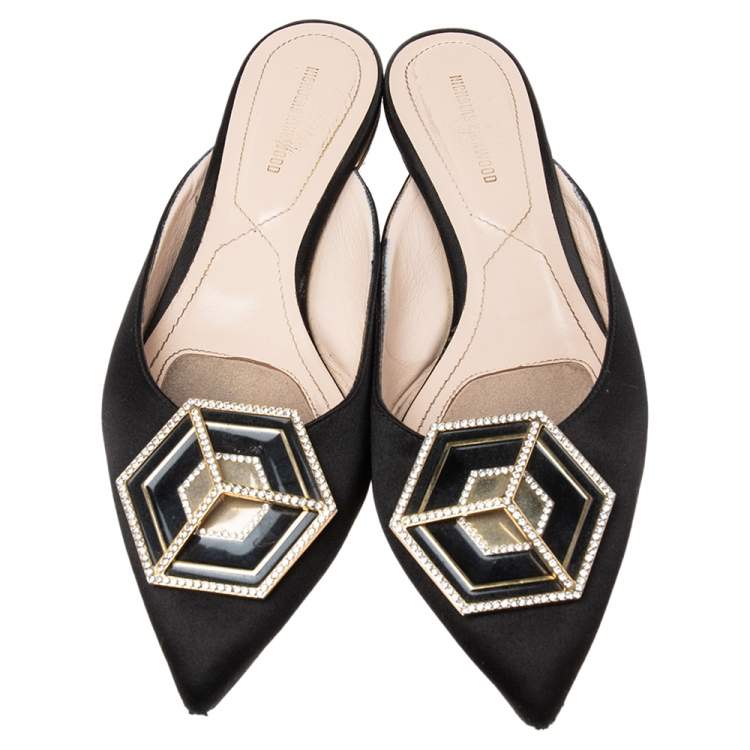 Pre Owned Nicholas Kirkwood Black Satin Eden Crystal Embellished Flat Sandals Size 38