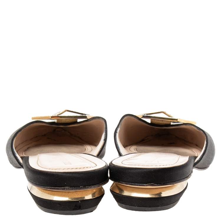 Pre Owned Nicholas Kirkwood Black Satin Eden Crystal Embellished Flat Sandals Size 38
