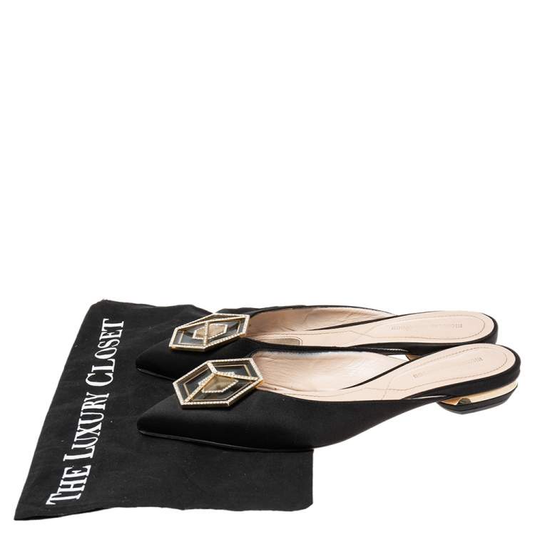 Pre Owned Nicholas Kirkwood Black Satin Eden Crystal Embellished Flat Sandals Size 38