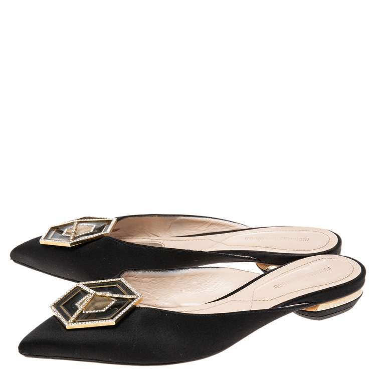 Pre Owned Nicholas Kirkwood Black Satin Eden Crystal Embellished Flat Sandals Size 38