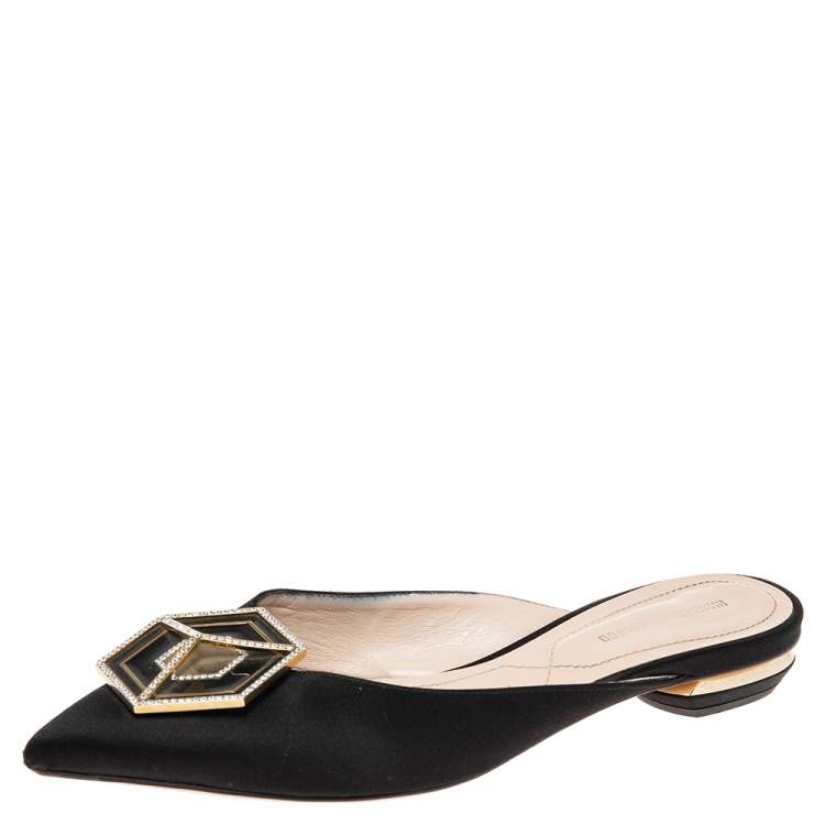 Pre Owned Nicholas Kirkwood Black Satin Eden Crystal Embellished Flat Sandals Size 38