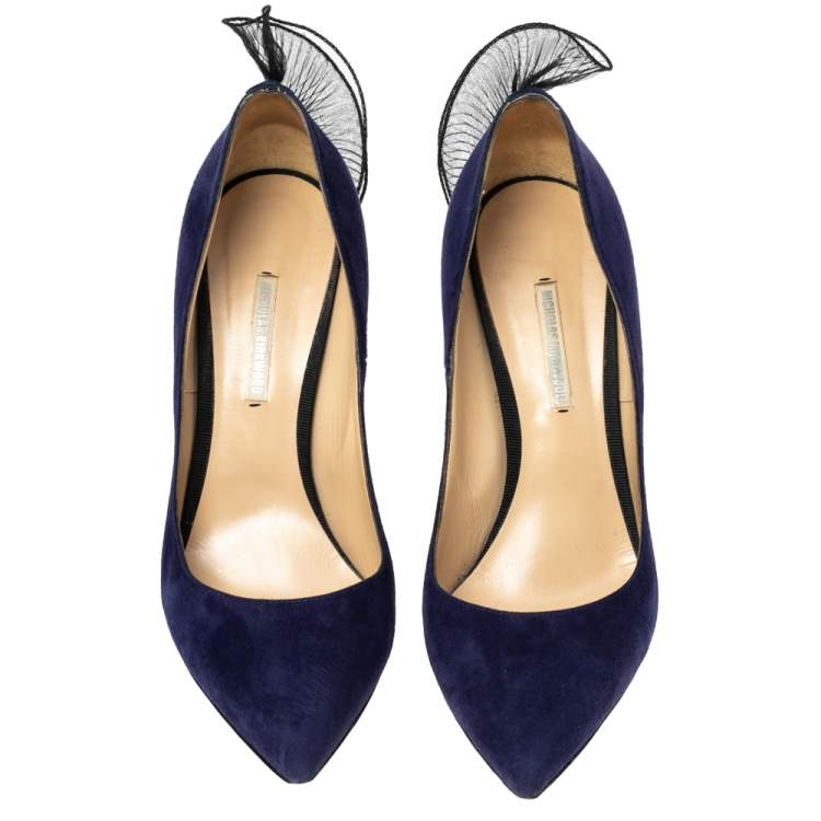 Pre Owned Nicholas Kirkwood Navy Blue Suede Ruffle Lace Pumps Size 39.5