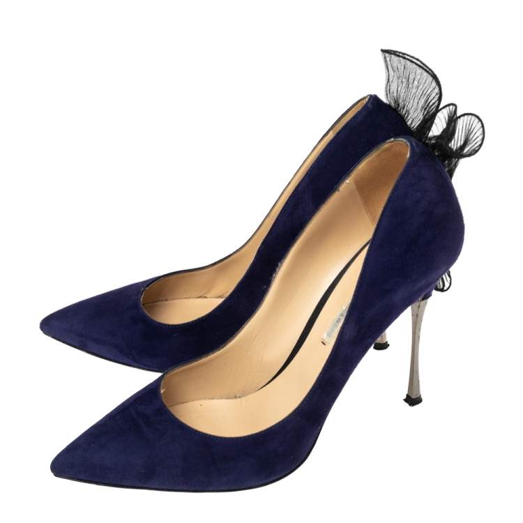 Pre Owned Nicholas Kirkwood Navy Blue Suede Ruffle Lace Pumps Size 39.5