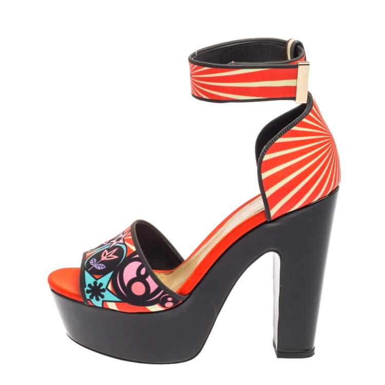 Pre Owned Nicholas Kirkwood Multicolor Printed Satin Ankle Cuff Platform Sandals Size 38.5
