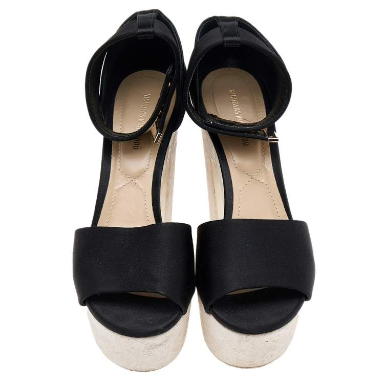 Pre Owned Nicholas Kirkwood Black Satin Platform Ankle Cuff Sandals Size 38