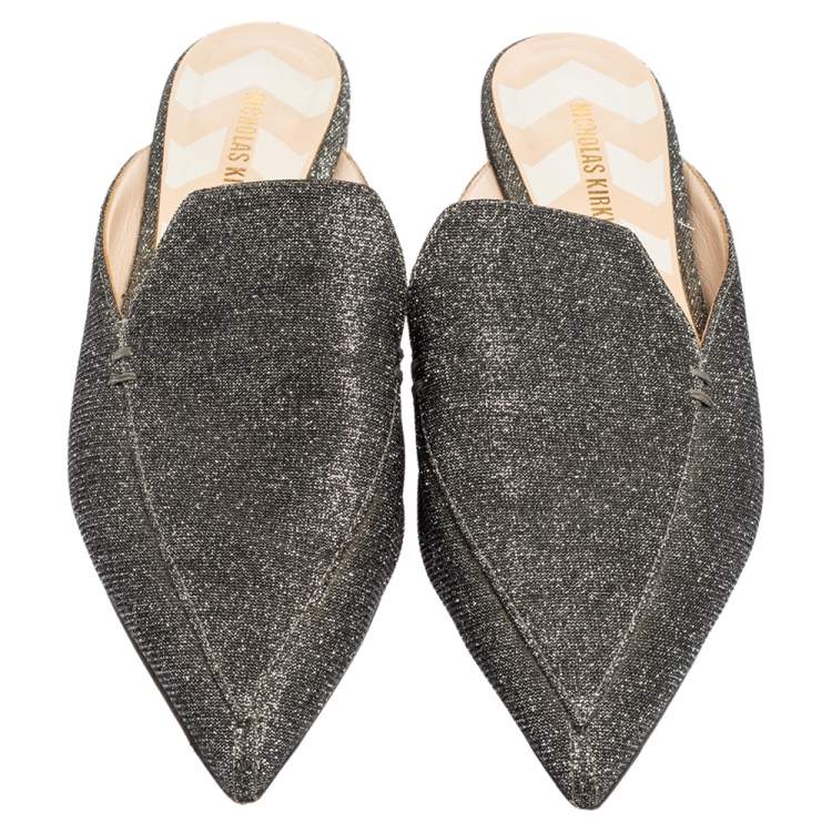 Pre Owned Nicholas Kirkwood Grey Glitter Fabric Beya Flat Pointed-Toe Mules Size 37