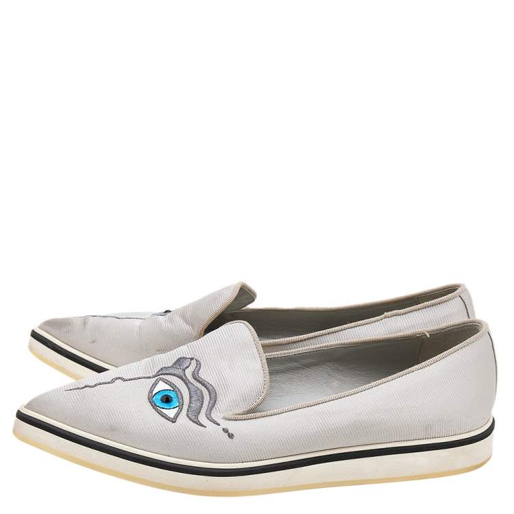 Pre Owned Nicholas Kirkwood Silver Fabric Eye Motif Iris Slip On Loafers Size 37.5