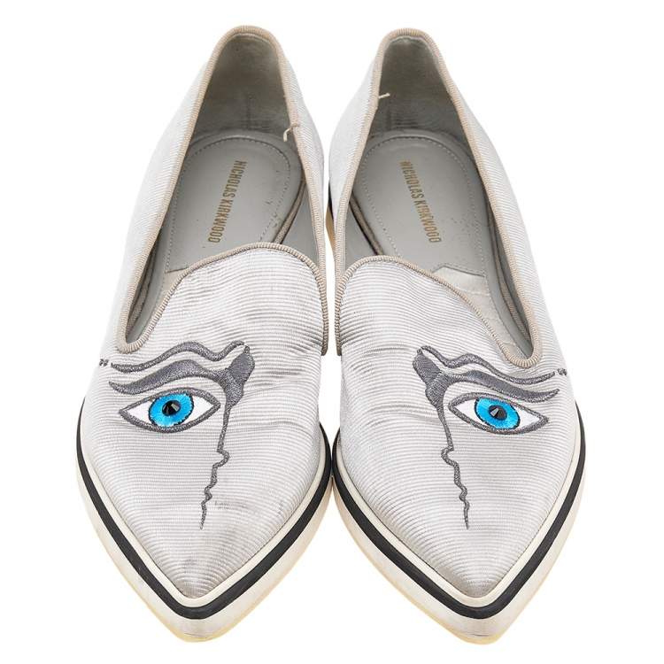 Pre Owned Nicholas Kirkwood Silver Fabric Eye Motif Iris Slip On Loafers Size 37.5