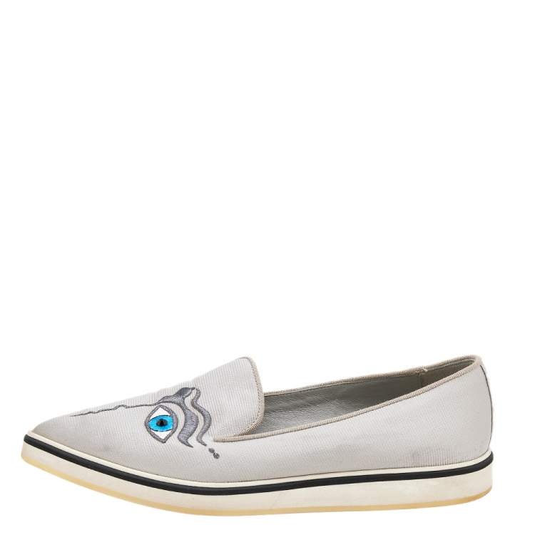 Pre Owned Nicholas Kirkwood Silver Fabric Eye Motif Iris Slip On Loafers Size 37.5
