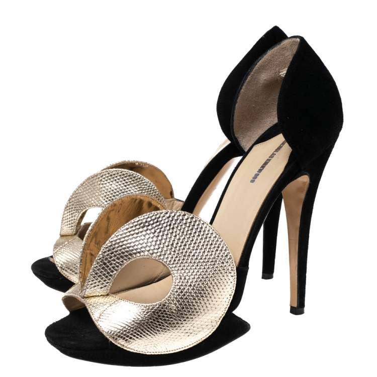 Pre Owned Nicholas Kirkwood Black/Gold Suede and Textured Leather Open-Toe Platform Sandals Size 40