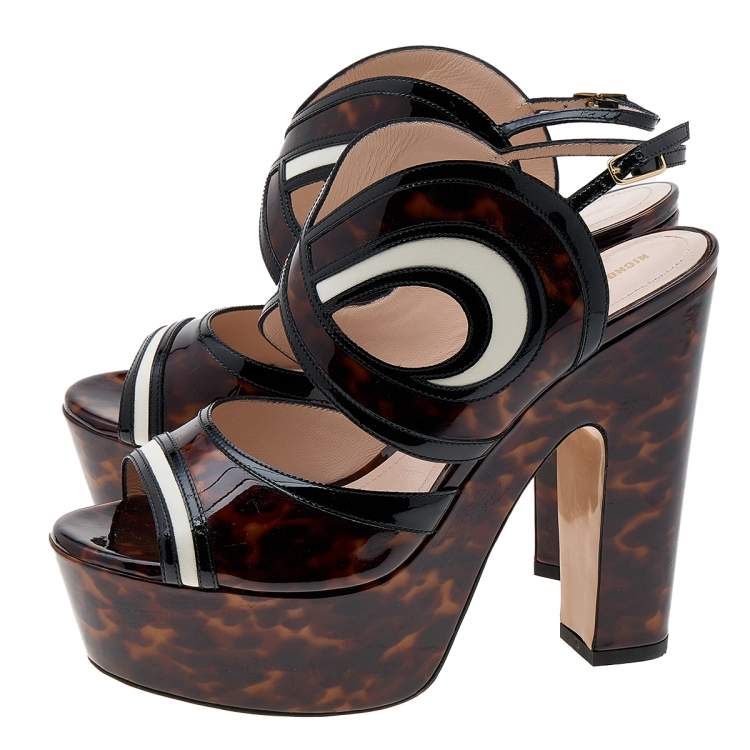 Pre Owned Nicholas Kirkwood Brown Marble Print Patent Leather Platform Block Heel Sandals Size 36.5  