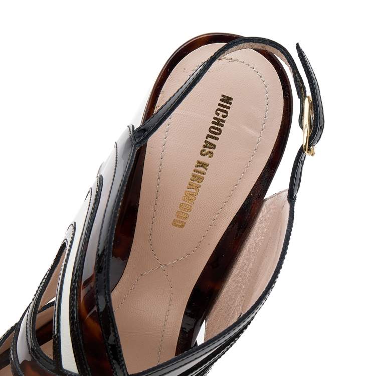 Pre Owned Nicholas Kirkwood Brown Marble Print Patent Leather Platform Block Heel Sandals Size 36.5  