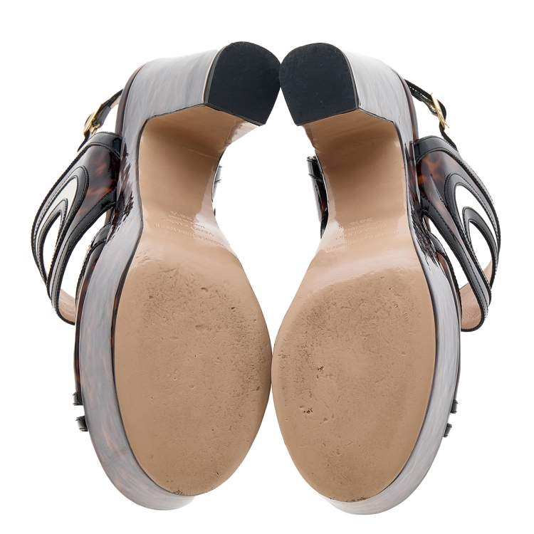 Pre Owned Nicholas Kirkwood Brown Marble Print Patent Leather Platform Block Heel Sandals Size 36.5  