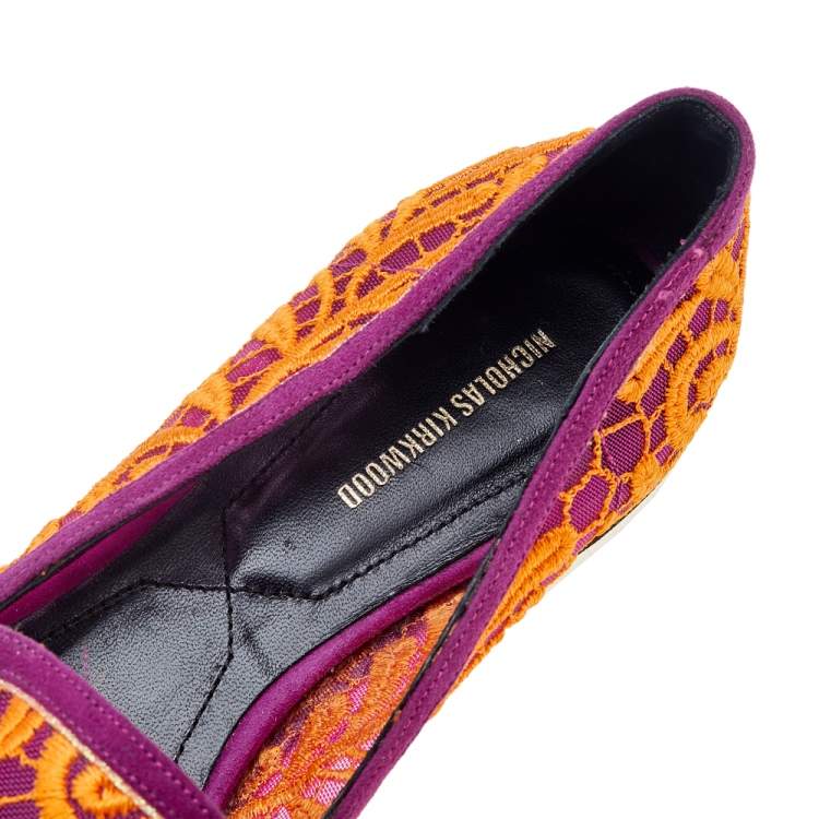 Pre Owned Nicholas Kirkwood Orange/Purple Lace And Suede Pointed Toe Slip On Loafers Size 41