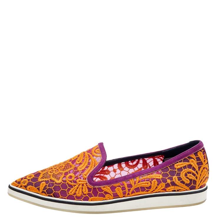 Pre Owned Nicholas Kirkwood Orange/Purple Lace And Suede Pointed Toe Slip On Loafers Size 41