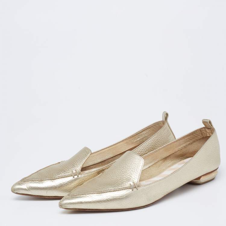 Pre Owned Nicholas Kirkwood Gold Leather Beya Pointed-Toe Loafers Size 38.5