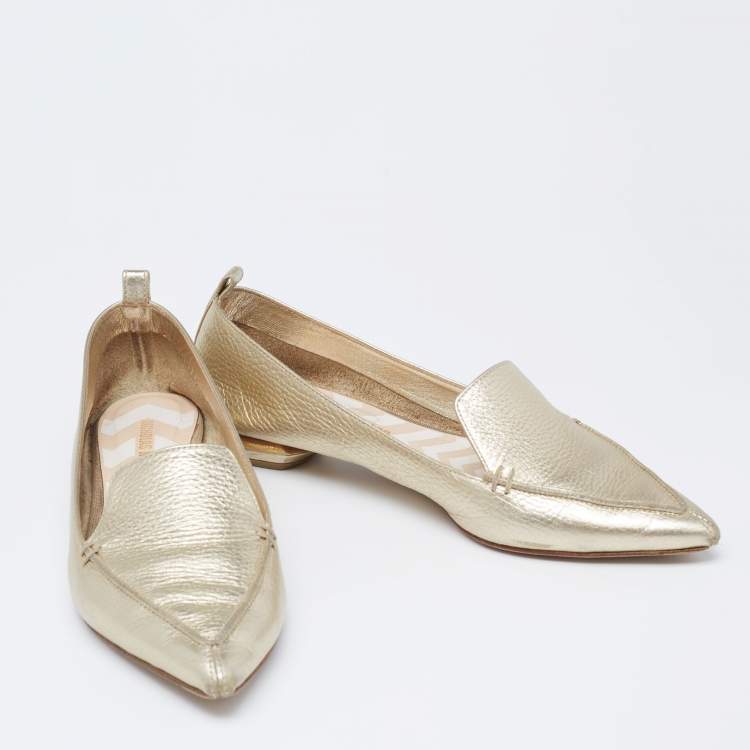 Pre Owned Nicholas Kirkwood Gold Leather Beya Pointed-Toe Loafers Size 38.5