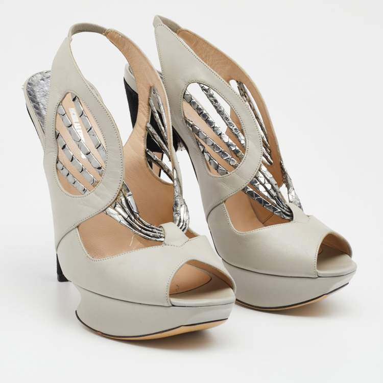 Pre Owned Nicholas Kirkwood Grey/Silver Python and Leather Platform Slingback Sandals Size 37.5
