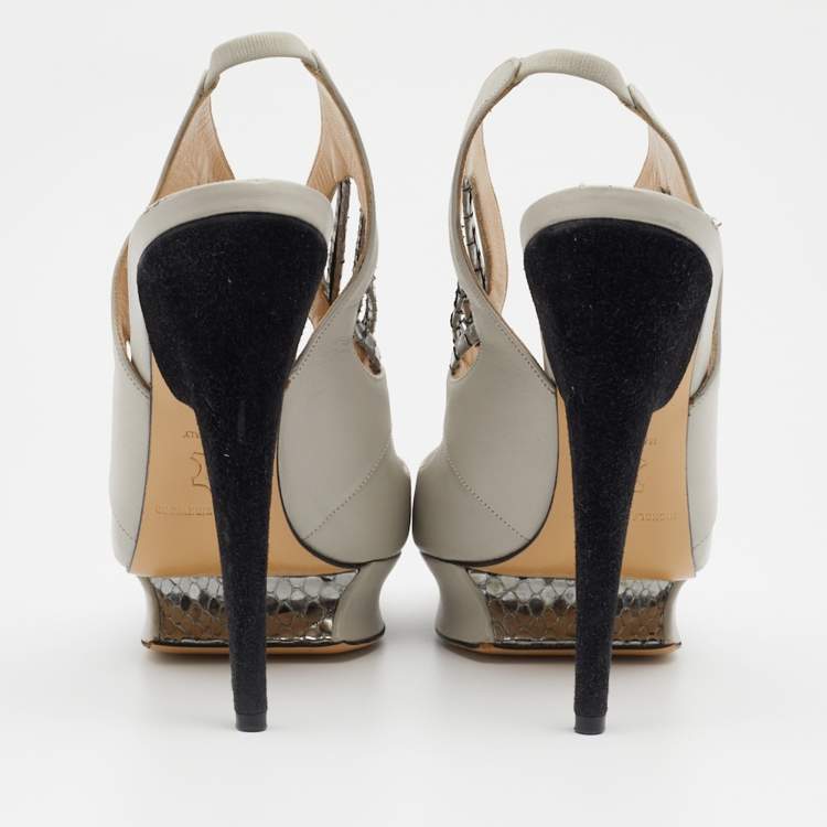 Pre Owned Nicholas Kirkwood Grey/Silver Python and Leather Platform Slingback Sandals Size 37.5