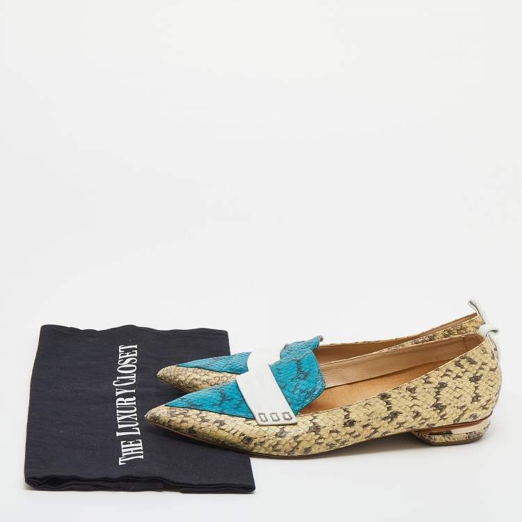 Pre Owned Nicholas Kirkwood Tri Color Snakeskin and Leather Pointed Toe Flats Size 39