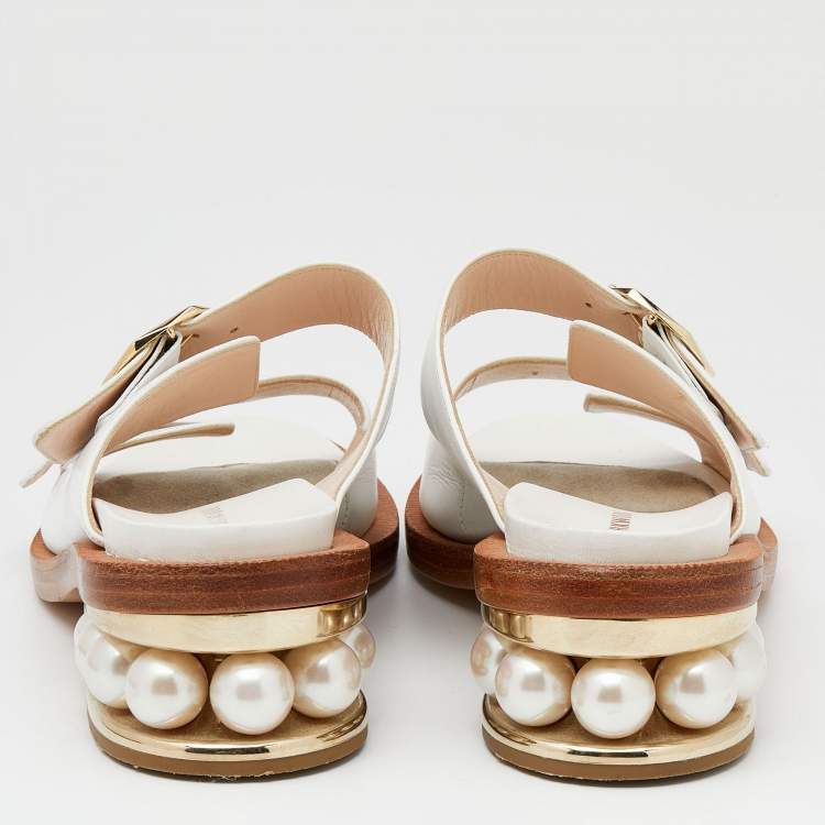 Pre Owned Nicholas Kirkwood White Leather Pearl Heel Slide Sandals Size 36