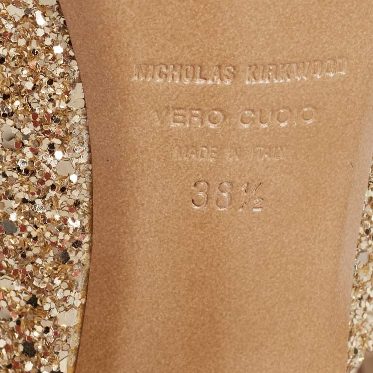 Pre Owned Nicholas Kirkwood Gold Glitter and Leather Cap-Toe Pumps Size 38.5