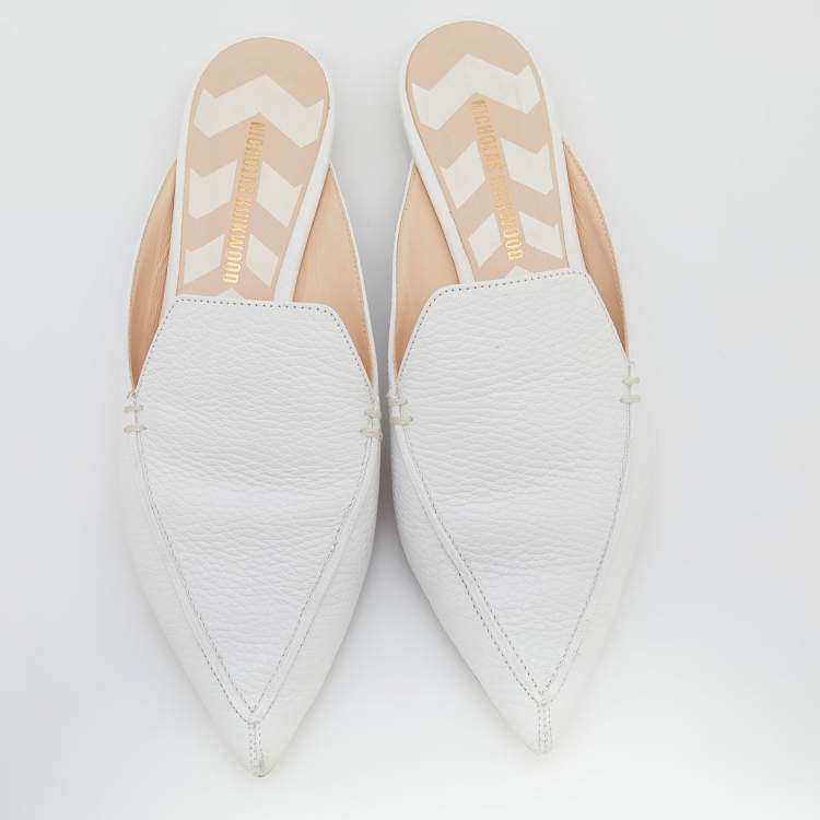 Pre Owned Nicholas Kirkwood White Leather Pointed Toe Beya Flat Mules Size 38