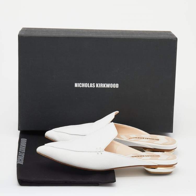 Pre Owned Nicholas Kirkwood White Leather Pointed Toe Beya Flat Mules Size 38
