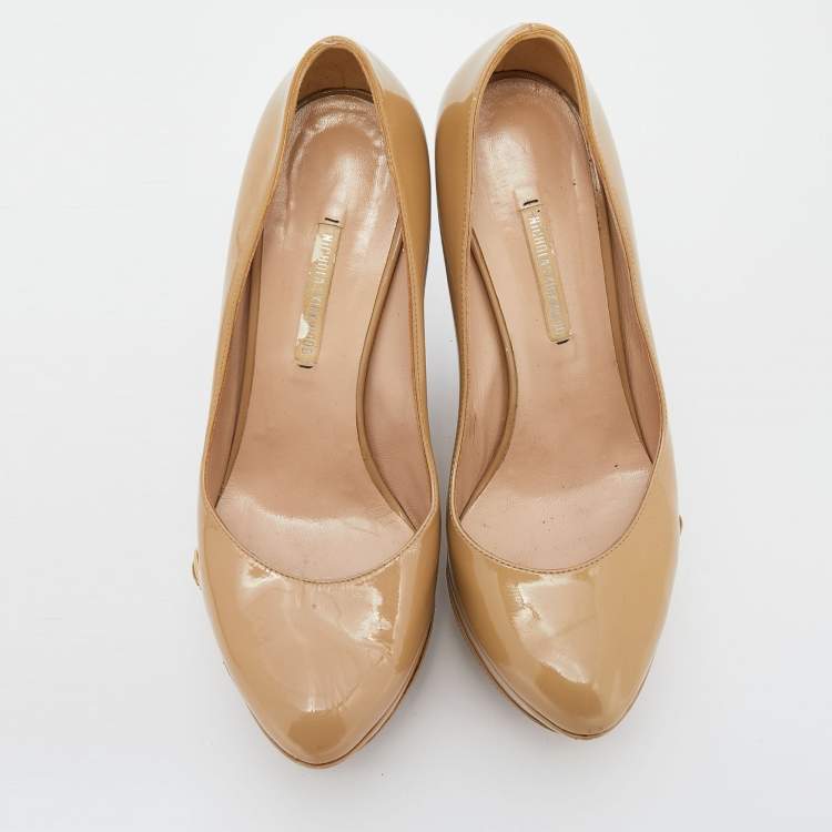 Pre Owned Nicholas Kirkwood Beige Patent Leather Wedge Platform Pumps Size 38.5
