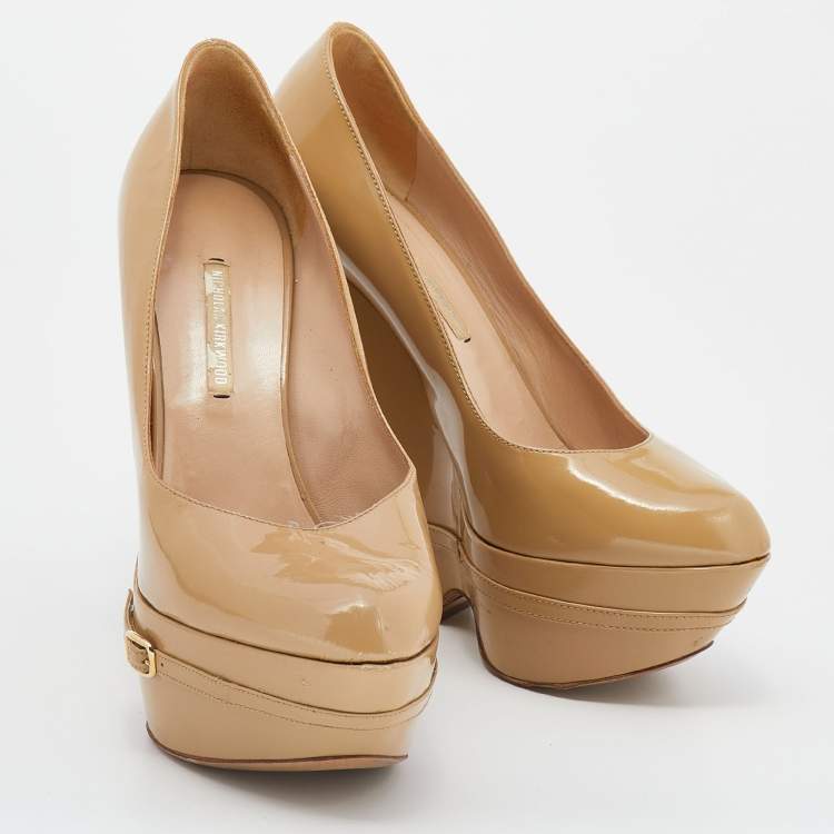 Pre Owned Nicholas Kirkwood Beige Patent Leather Wedge Platform Pumps Size 38.5