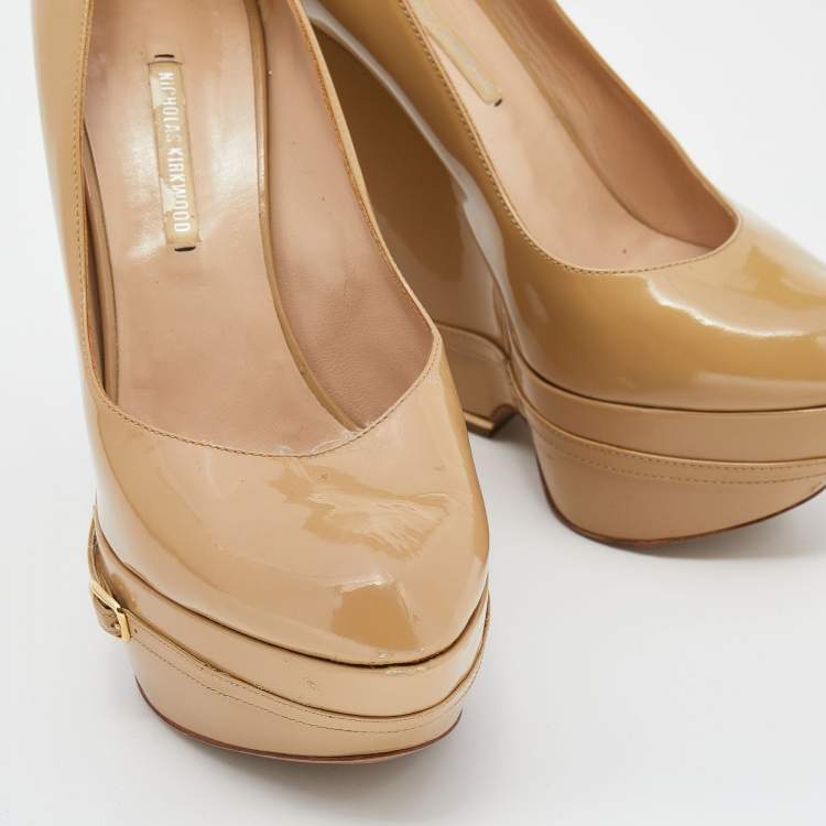 Pre Owned Nicholas Kirkwood Beige Patent Leather Wedge Platform Pumps Size 38.5