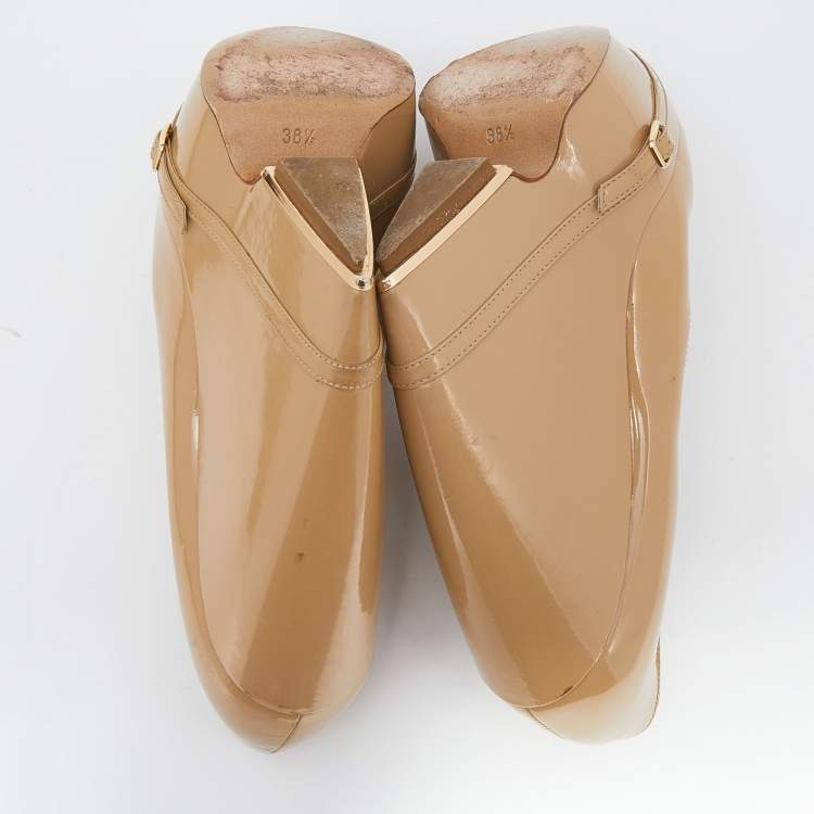 Pre Owned Nicholas Kirkwood Beige Patent Leather Wedge Platform Pumps Size 38.5