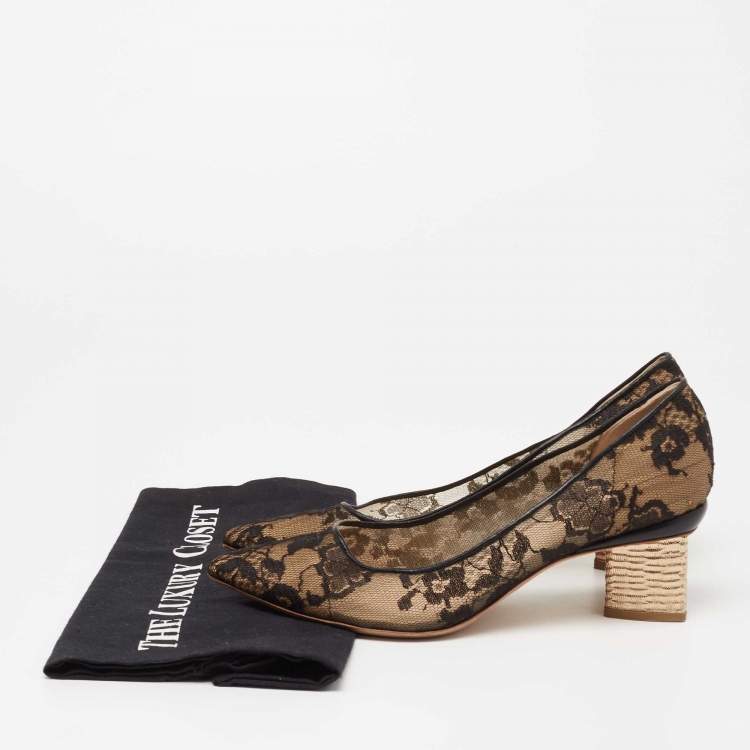 Pre Owned Nicholas Kirkwood Black/Beige Lace And Leather Floral Block Heel Pumps Size 39