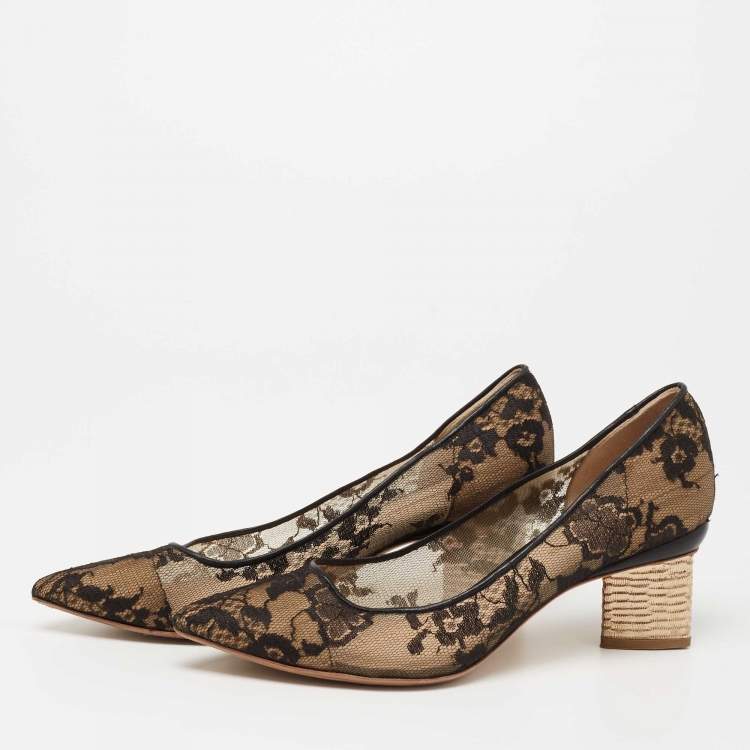 Pre Owned Nicholas Kirkwood Black/Beige Lace And Leather Floral Block Heel Pumps Size 39