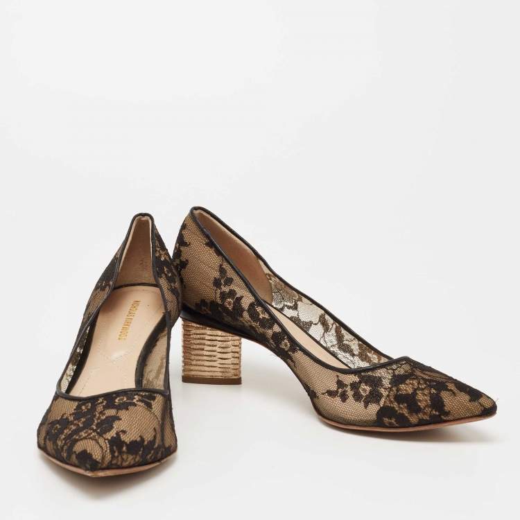 Pre Owned Nicholas Kirkwood Black/Beige Lace And Leather Floral Block Heel Pumps Size 39