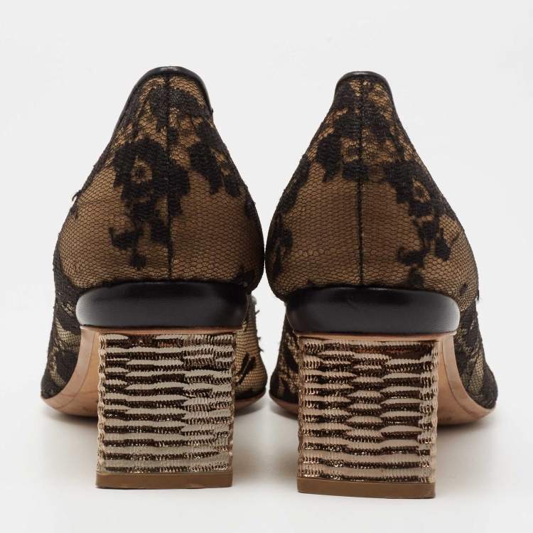 Pre Owned Nicholas Kirkwood Black/Beige Lace And Leather Floral Block Heel Pumps Size 39