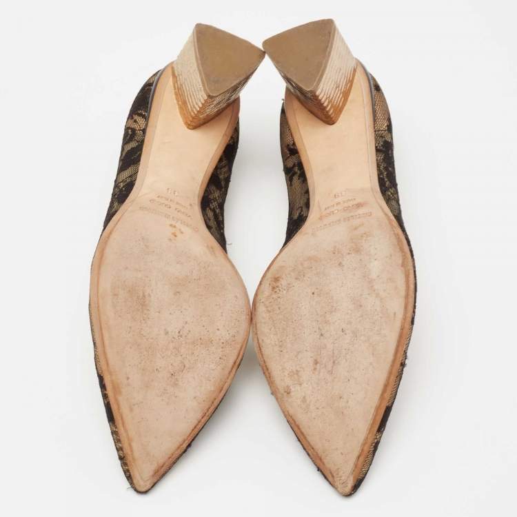 Pre Owned Nicholas Kirkwood Black/Beige Lace And Leather Floral Block Heel Pumps Size 39