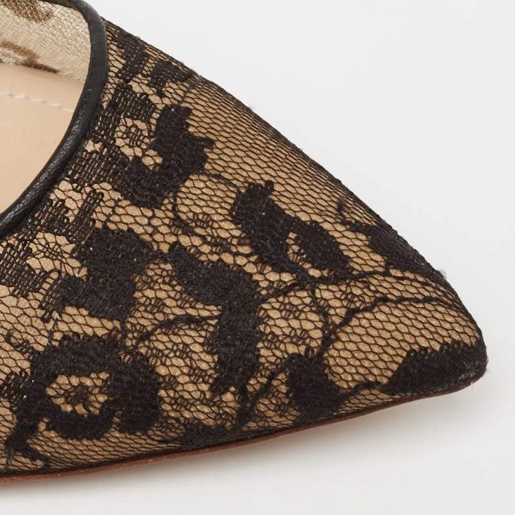 Pre Owned Nicholas Kirkwood Black/Beige Lace And Leather Floral Block Heel Pumps Size 39