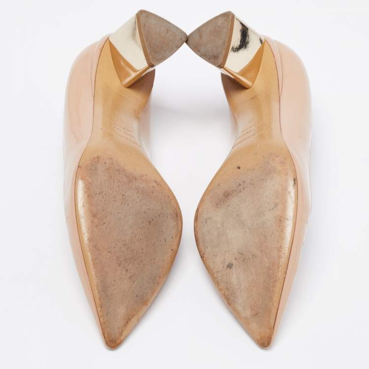 Pre Owned Nicholas Kirkwood Beige Patent Leather Pointed Toe Block Heel Pumps Size 37