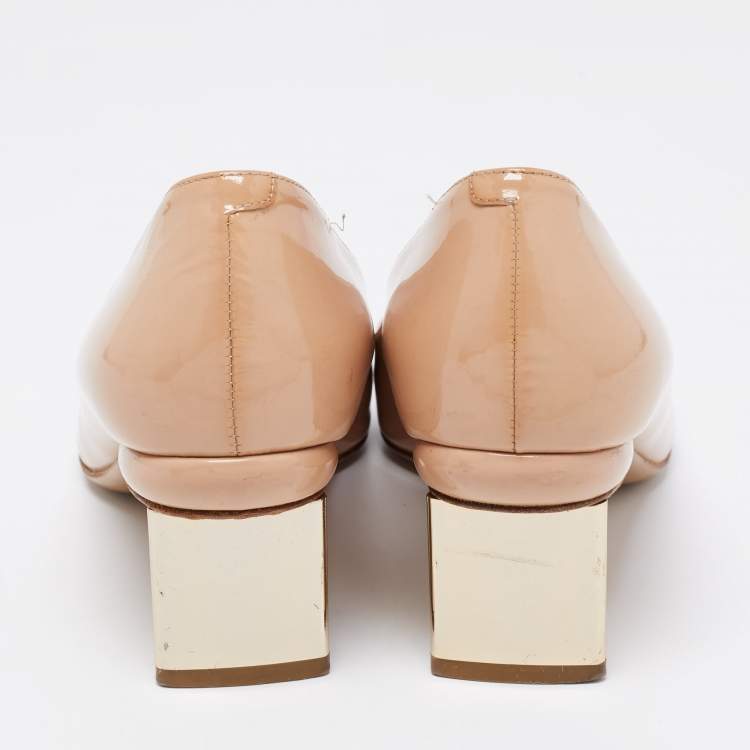 Pre Owned Nicholas Kirkwood Beige Patent Leather Pointed Toe Block Heel Pumps Size 37