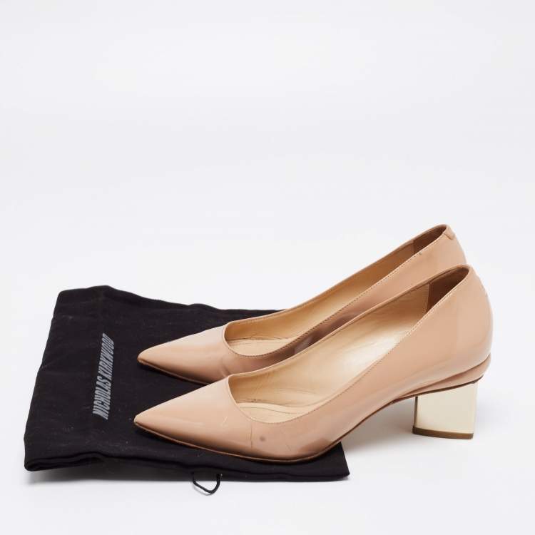 Pre Owned Nicholas Kirkwood Beige Patent Leather Pointed Toe Block Heel Pumps Size 37