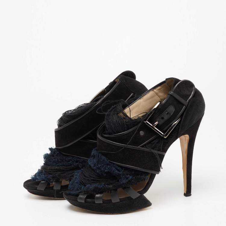 Pre Owned Nicholas Kirkwood Black/Blue Suede And Fabric Criss Cross Platform Sandals Size 39.5