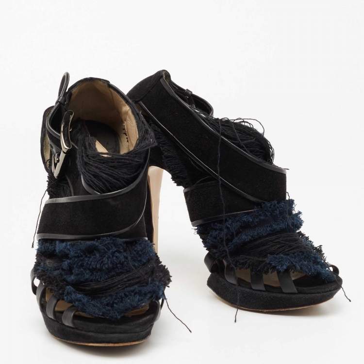 Pre Owned Nicholas Kirkwood Black/Blue Suede And Fabric Criss Cross Platform Sandals Size 39.5