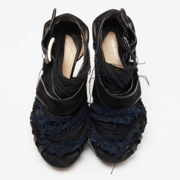 Pre Owned Nicholas Kirkwood Black/Blue Suede And Fabric Criss Cross Platform Sandals Size 39.5