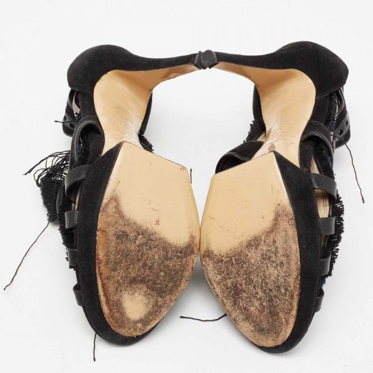 Pre Owned Nicholas Kirkwood Black/Blue Suede And Fabric Criss Cross Platform Sandals Size 39.5