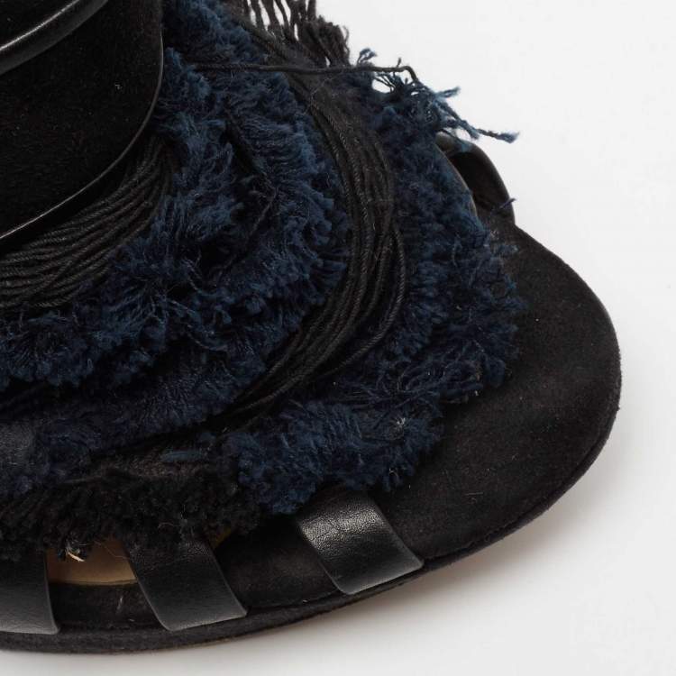 Pre Owned Nicholas Kirkwood Black/Blue Suede And Fabric Criss Cross Platform Sandals Size 39.5