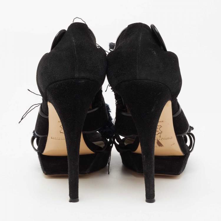 Pre Owned Nicholas Kirkwood Black/Blue Suede And Fabric Criss Cross Platform Sandals Size 39.5