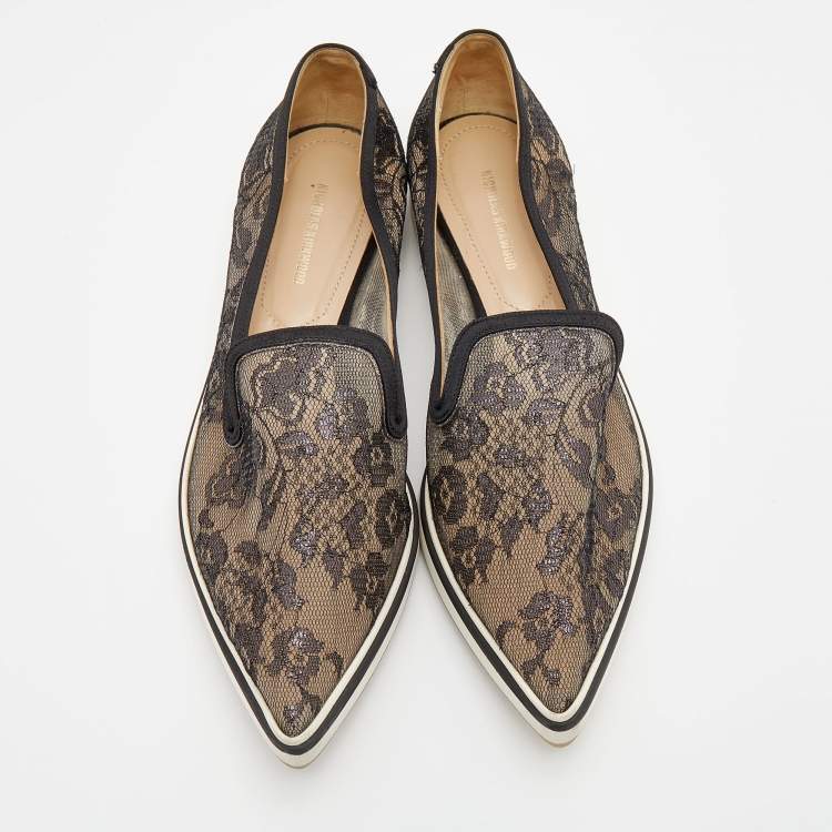 Pre Owned Nicholas Kirkwood Black Lace Alona Pointed Toe Loafers Size 40