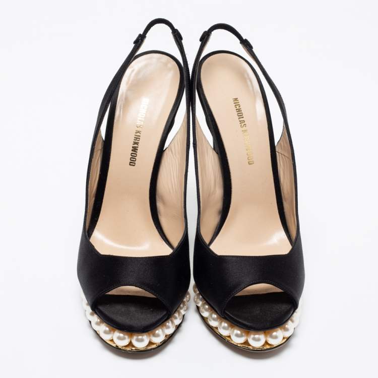 Pre Owned Nicholas Kirkwood Black Satin Peep-Toe Faux Pearl Embellished Platform Slingback Sandals Size 37